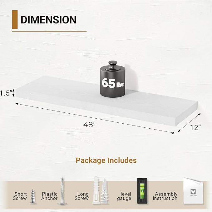 Vivelove White Floating Shelves 12 Inches Deep, 48x12 Floating Shelves for Wall with Invisible Brackets, Room Shelves for Living Room Bedroom Kitchen Office, Set of 2