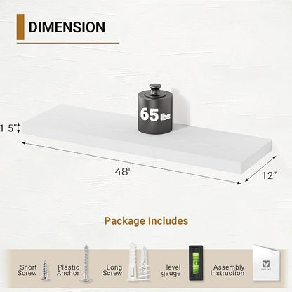 Vivelove White Floating Shelves 12 Inches Deep, 48x12 Floating Shelves for Wall with Invisible Brackets, Room Shelves for Living Room Bedroom Kitchen Office, Set of 2