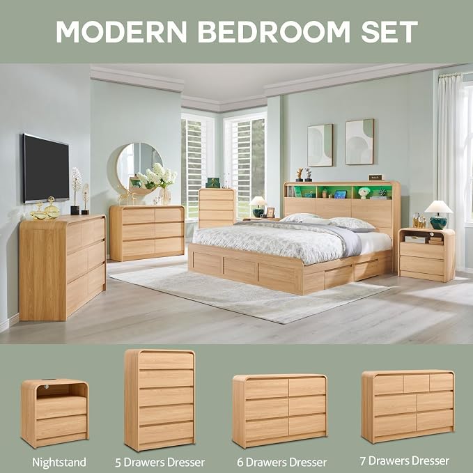 Aitjunz 25" Tall Modern Nightstand with Charging Station, 23.6'' Wide Wood Bedside Table w/2 Storage Drawers, Large Mid Century End Table for Bedroom, Living Room, Curved Profile Design,Natural Oak