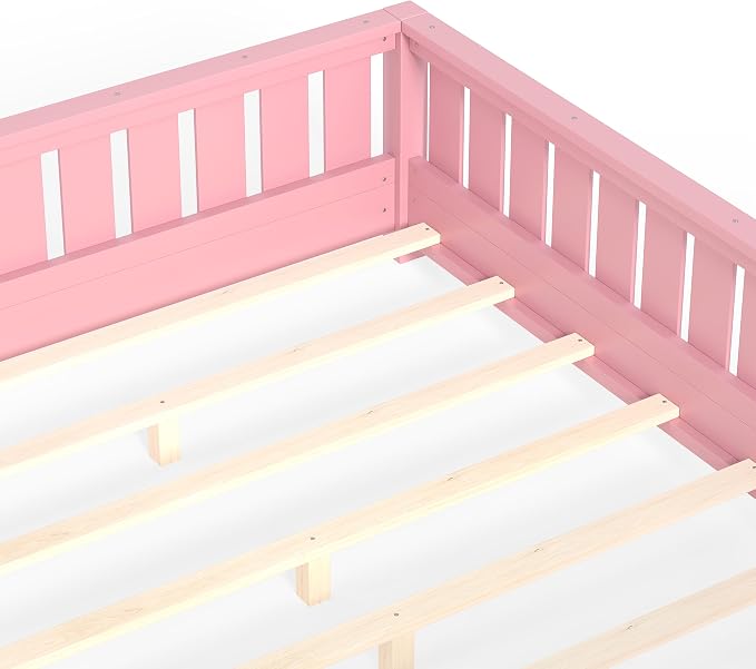 Bellemave Full Size Floor Bed with high Rails and with Built-in Bookshelf for Kids, Girls, Boys, Wood Montessori Floor Bed Without Door, Pink
