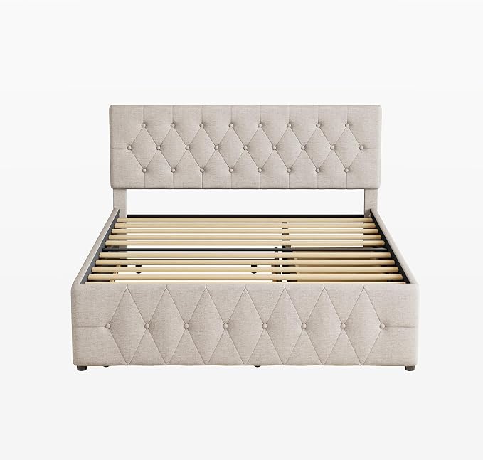 Ball & Cast Queen Bed Frame with Adjustable Headboard,Upholstered Platform Bed Frame Queen Size with 2 Wood Storage Drawers & Pull‑Out Trundle Bed,Wooden Slats Support,No Box Spring Needed,Taupe