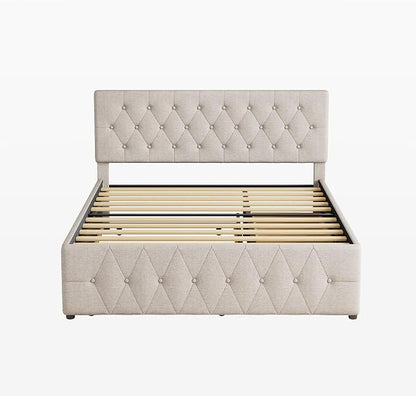 Ball & Cast Queen Bed Frame with Adjustable Headboard,Upholstered Platform Bed Frame Queen Size with 2 Wood Storage Drawers & Pull‑Out Trundle Bed,Wooden Slats Support,No Box Spring Needed,Taupe
