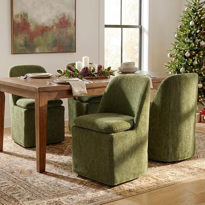 KISLOT Upholstered Dining Chairs with Casters, Washable Cover Modern Dining Room Chairs with Thick Cushion & Sturdy Metal Frame for Kitchen, Living Room, Dressing Room, Green Fabric, Set of 2