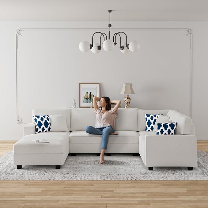 Legend Vansen Oversized Modular Sectional Sofa,U/L‑Shaped Reversible Couch with Ottoman,Deep Seat Plush Polyester Sofa for Living Room,8‑Seater,Cream
