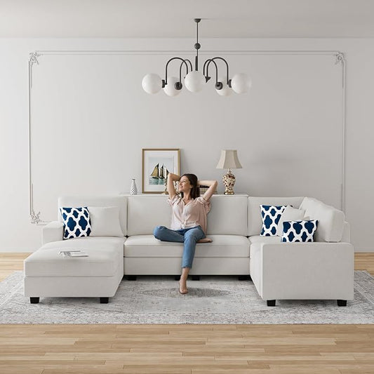 Legend Vansen Oversized Modular Sectional Sofa,U/L‑Shaped Reversible Couch with Ottoman,Deep Seat Plush Polyester Sofa for Living Room,8‑Seater,Cream