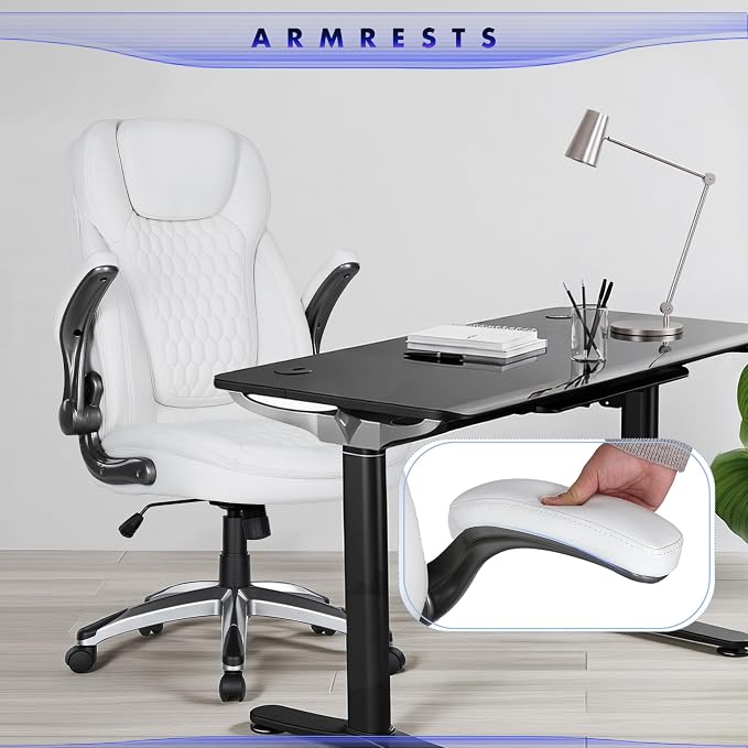 COLAMY High Back Executive Office Chairs Set of 2, Ergonomic PU Leather Desk Chairs with Flip-Up Armrests, Adjustable Height, Lumbar Support, Comfortable Computer Chairs for Home Office, White