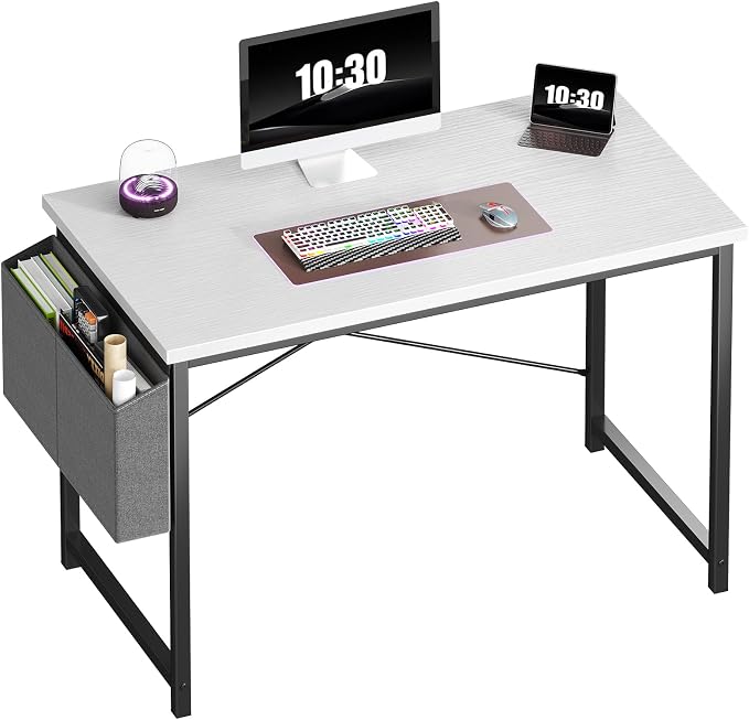 OLIXIS Computer Desk, 44 Inch Home Office Desks for Small Spaces, Writing Craft Study Gaming Table for Bedroom, Modern Computer Workstation with Storage Bag, White