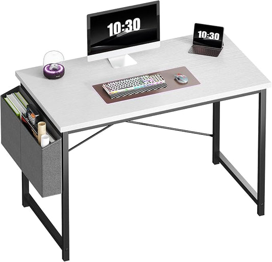 OLIXIS Computer Desk, 44 Inch Home Office Desks for Small Spaces, Writing Craft Study Gaming Table for Bedroom, Modern Computer Workstation with Storage Bag, White