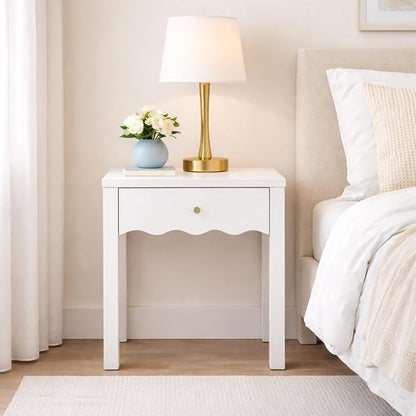 Nightstand with Drawer and Open Shelf, Scalloped Edge End Table for Sofa, Slim White Bedside Table for Girls Bedroom, Dorm, Coquette Preppy Room Decor