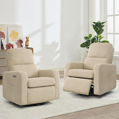 Swivel Rocker Recliner, Oversized Power Recliner Nursery Glider with Removable Cushion, Upholstered Corduroy Swivel Reclining Chairs for Nursery Living Room Bedroom, Camel