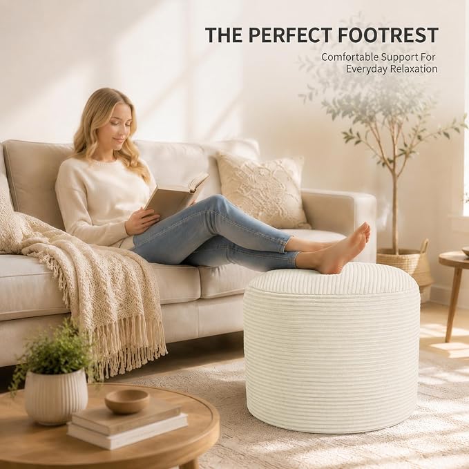 Stuffed Pouf Ottoman Foot Rest with 2.8-inch Solid Foam Base | Odorless Filling Resists Clumping, Washable Corduroy Cover, Round Foot Stool for Living Room Couch Lounging and Home Decor
