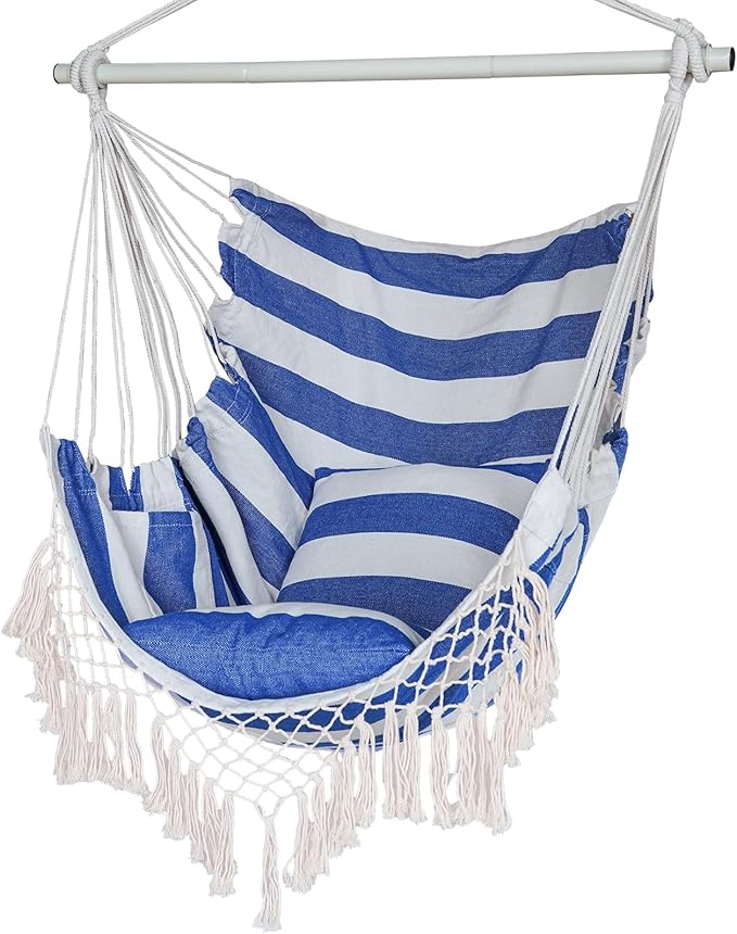 YAERSI Hammock Chair, Hanging Rope Swing Seat with 2 Cushions,Macrame Hanging Chair Side Pocket with High Load-Bearing Metal Rod,for Indoor, Outdoor, Extra Comfortable