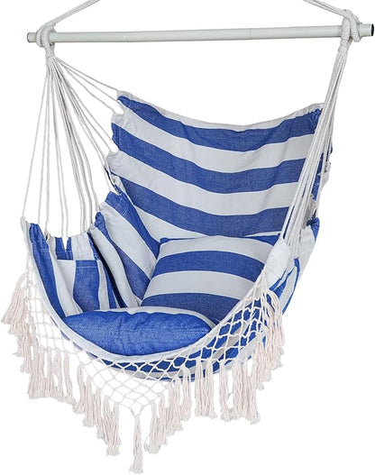 YAERSI Hammock Chair, Hanging Rope Swing Seat with 2 Cushions,Macrame Hanging Chair Side Pocket with High Load-Bearing Metal Rod,for Indoor, Outdoor, Extra Comfortable