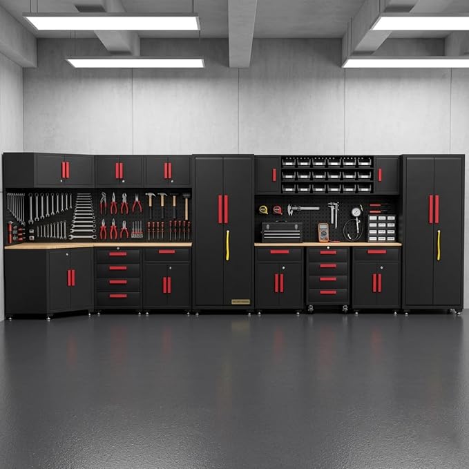 17PCS Garage Cabinets and Storage System with Corner Cabinet, Garage Storage Cabinet System,Cabinet Drawers, Workbench, Pegboard for Tool Organization, Red Black