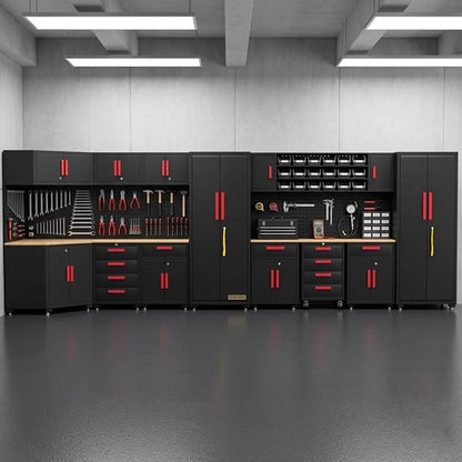 17PCS Garage Cabinets and Storage System with Corner Cabinet, Garage Storage Cabinet System,Cabinet Drawers, Workbench, Pegboard for Tool Organization, Red Black