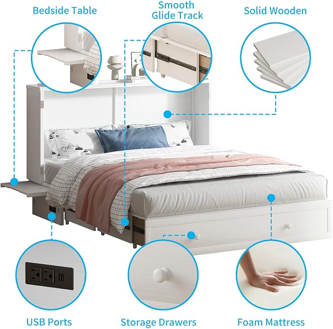 PUREMIND Queen Murphy Bed with Mattress Included, Murphy Cabinet Bed with Storage Drawer, Built-in Charging Station, Solid Wood Frame, Space-Saving Cabinet Beds for Small Spaces/Guest Room (White)