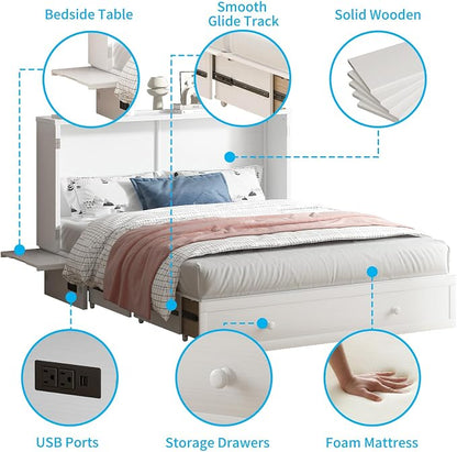 PUREMIND Queen Murphy Bed with Mattress Included, Murphy Cabinet Bed with Storage Drawer, Built-in Charging Station, Solid Wood Frame, Space-Saving Cabinet Beds for Small Spaces/Guest Room (White)