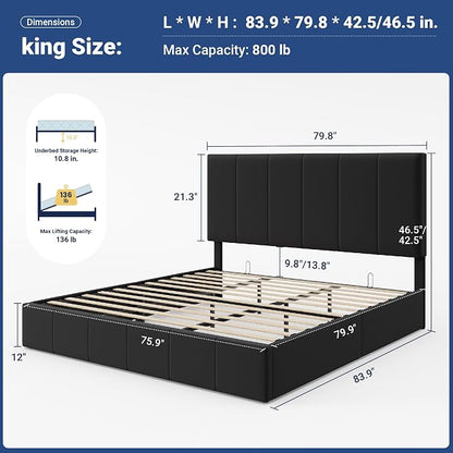 Allewie King Size Velvet Lift Up Storage Bed Frame, Vertical Channel Tufted Headboard, Hydrualic Underneath Storage, Upholstered Platform Bed, Wooden Slats Support, No Box Spring Needed, Black