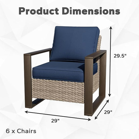 Joyside Outdoor Patio Chairs Set, 6 Pieces Wicker Rattan Chairs with Metal Wide Armrest, Thick Cushions and Deep Seating for Garden, Backyard, Porch, Deck