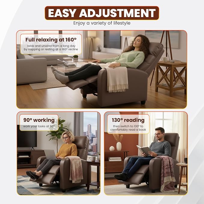 BestMassage | Recliner Chair | No Massage Function | Pu Brown | with Lumbar Support, Adjustable Push Back, Wide Armrests, Footrest & Padded Seat | Easy Assembly | for Living Room, Home Theatre