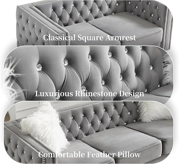 60" Chesterfield Sofa, Velvet Mid-Century Modern Upholstered Loveseat Sofa with 2 Throw Pillows and Acrylic Legs, Nailhead Button Tufted Vintage Couch for Living Room, Apartment, Grey