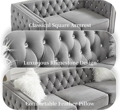 60" Chesterfield Sofa, Velvet Mid-Century Modern Upholstered Loveseat Sofa with 2 Throw Pillows and Acrylic Legs, Nailhead Button Tufted Vintage Couch for Living Room, Apartment, Grey