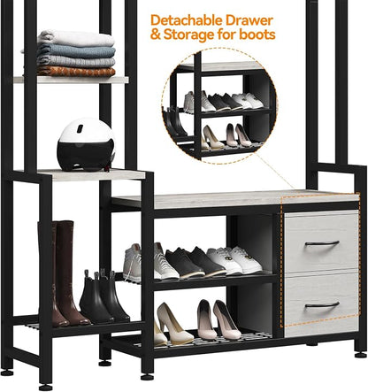 Hall Tree for Entryway 43", Bench with Shoe Storage, Large Coat Rack Shoe Bench with 5 Tier Shelves, 5 in 1 Design Front Door Shoe Rack and Wall Rack Hooks, and 2 Drawers (Rustic White)