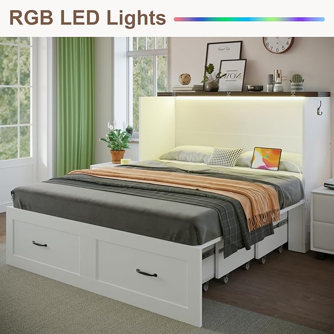 KCGKCG Full Size Murphy Bed with Storage & Charging Station, Murphy Cabinet Bed with Drawer for Guest Bedroom, Living Room, Office or Small Room, Full Foldable Platform Bed (White, Full)