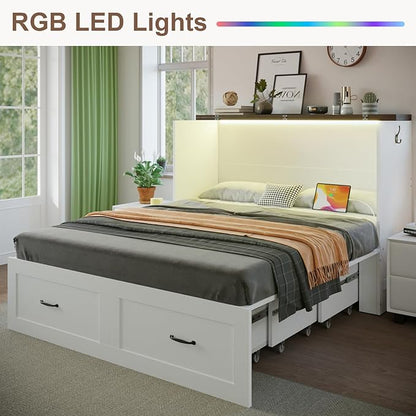 KCGKCG Full Size Murphy Bed with Storage & Charging Station, Murphy Cabinet Bed with Drawer for Guest Bedroom, Living Room, Office or Small Room, Full Foldable Platform Bed (White, Full)