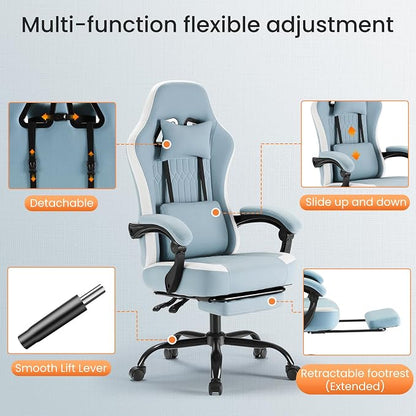 DUMOS Gaming Chair with Linkage Armrests, Video Game with Pocket Spring Cushion, Ergonomic Computer Silla Gamer Office Desk Chair with Footrest for Adults & Students, Blue