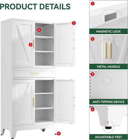 71" Tall Kitchen Pantry Cabinet,Farmhouse Pantry Cabinet,Metal Cabinet with Adjustable Shelves and Drawer,Storage Cabinet for Kitchen Dining Room Garage,White 1 Pack