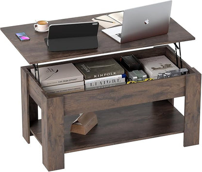 FDW 39.4" Lift Top Coffee Table with Hidden Compartment and Storage Shelf Wooden Lift Tabletop for Home Living Room Reception Room Office,Dark Brown