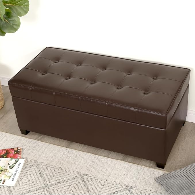Asense 40" Storage Ottoman Bench, Faux Leather Tufted Upholstered End of Bed Bench with Safety Hinge for Bedroom,Entryway,Living Room,Dark Brown