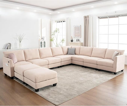 150.4" Large Sectional Couches for Living Room, 8 Seater L Shaped Modular Sectional Sofa with Two Storage Ottomans & USB, Oversized Corner Couch for Living Room（Beige）