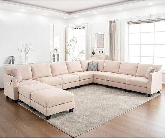 150.4" Large Sectional Couches for Living Room, 8 Seater L Shaped Modular Sectional Sofa with Two Storage Ottomans & USB, Oversized Corner Couch for Living Room（Beige）