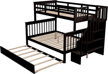 MERITLINE Twin Over Full Bunk Bed with Trundle, Storage Staircase,Solid Wood Bunk Bed with Stairs Box and Guardrail, No Spring Box Needed (Espresso &Trundle,Twin Over Full)