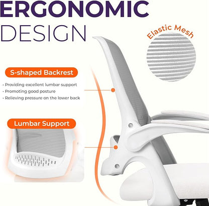 NEO CHAIR Office Desk Gaming Ergonomic Computer Chair with Lumbar Back Support Adjustable Height Swivel Rolling Wheels Flip-up Arms Mesh Chair for Home Vanity (Ivory)