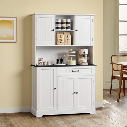 Gizoon Kitchen Pantry Cabinet with Microwave Shelf Tall Coffee Bar Cabinet with Doors and Shelves Farmhouse Kitchen Hutch with Storage for Dining Room and Craft Room, Painted White and Black