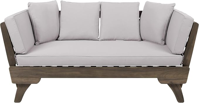 Christopher Knight Home Gary Patio Convertible Couch, Wooden Outdoor Daybed, 3-Seater Acacia Wood Patio Furniture Lounge Sofa for Backyard/Poolside/Garden, Back Pillow+Removable Cushion, Grey