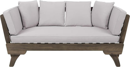 Christopher Knight Home Gary Patio Convertible Couch, Wooden Outdoor Daybed, 3-Seater Acacia Wood Patio Furniture Lounge Sofa for Backyard/Poolside/Garden, Back Pillow+Removable Cushion, Grey