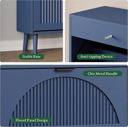 Xixini Shoe Storage Cabinet with 2 Flip Drawers, 36" Tall Narrow Wood Fluted Shoe Organizer for Entryway, Freestanding Wooden Hidden Slim Shoe Rack for Front Door Entrance, Hallway, Foyer, Navy Blue