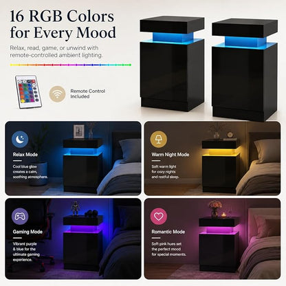 MXV Nightstand Set of 2 with LED Lights,Night Stand with Storage Cabinet for Bedroom,Bedside Table with LED (Black, 24 in Tall)