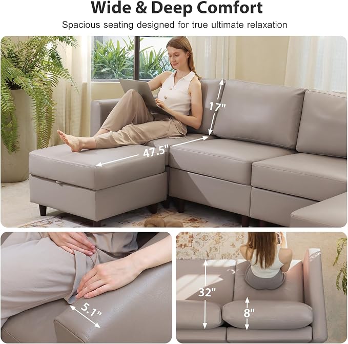 ABCASA Oversized Modular Sectional Sofa, 118.5" Faux Leather 6 Seater U Shaped Couch with Movable Ottoman and Storage Seat with Reversible Chaise Deep Seat for Living Room Whitesand