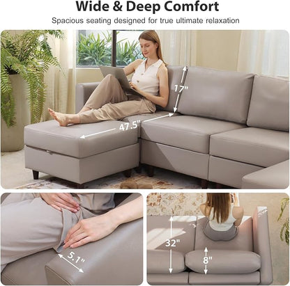 ABCASA Oversized Modular Sectional Sofa, 118.5" Faux Leather 6 Seater U Shaped Couch with Movable Ottoman and Storage Seat with Reversible Chaise Deep Seat for Living Room Whitesand