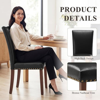 COLAMY Parsons Dining Chairs Set of 6, PU Leather Dining Room Kitchen Side Chair with Nailhead Trim and Wood Legs - Black