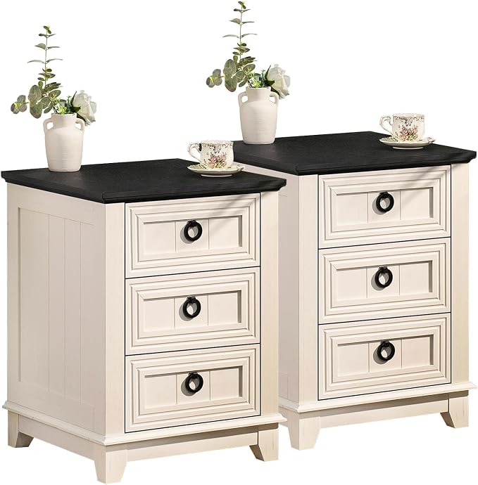 Joaxswe Farmhouse Night Stand Set of 2, 18" End Table with 3 Drawer Metal Handle, Dresser for Bedroom, Sofa Bed Side Table Chest of Drawers,Wood Nightstand Cabinet for Organizer, Living Room-White
