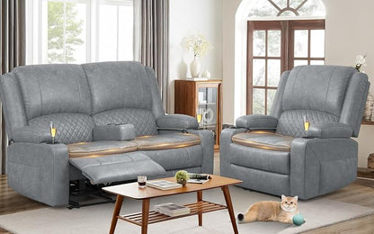 Yolsali Loveseat Recliner Sofa Set with 2-Tier Cushion, 2+1 Pieces in Living Room, 2 Seater Reclining Loveseat Leather with Removable Console, 1 Oversize Recliner Chair Sofa Seat - Gray PU