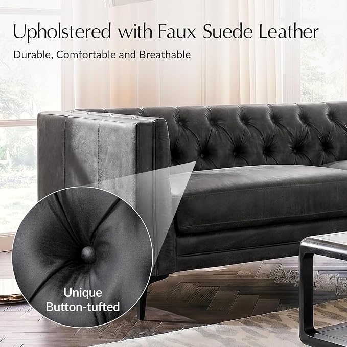 HULALA HOME 84" W Faux Leather Sofa Couch with Metal Legs, Button-Tufted 3-Seater Sofa, Mid Century Modern Contemporary Upholstered Couch for Living Room, Apartment, Charcoal