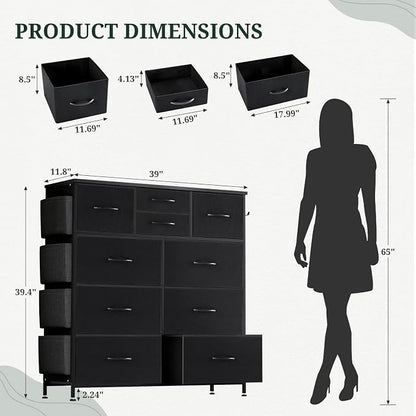 Dresser for Bedroom with Side Pockets and Hooks, 10 Drawers Storage Organizer Chest of Drawers, Sturdy Metal Frame for Living Room, Hallway, Closet, Black