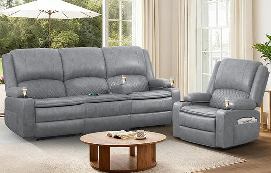 3+1 Manual Recliner Sofa, Maximum Load Capacity 1800lbs & Ergonomics Design, Multi-Functional Middle Seat & Home Theater Seating with Removable Armrest and Storage for RV Living Room (PU,Grey)